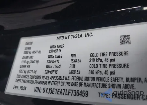 2020 Tesla Model 3 Standard Range Plus Rear-Wheel Drive/Standard Range Rear-Wheel Drive из США, поврежденный, VIN 5YJ3E1EA7LF736459